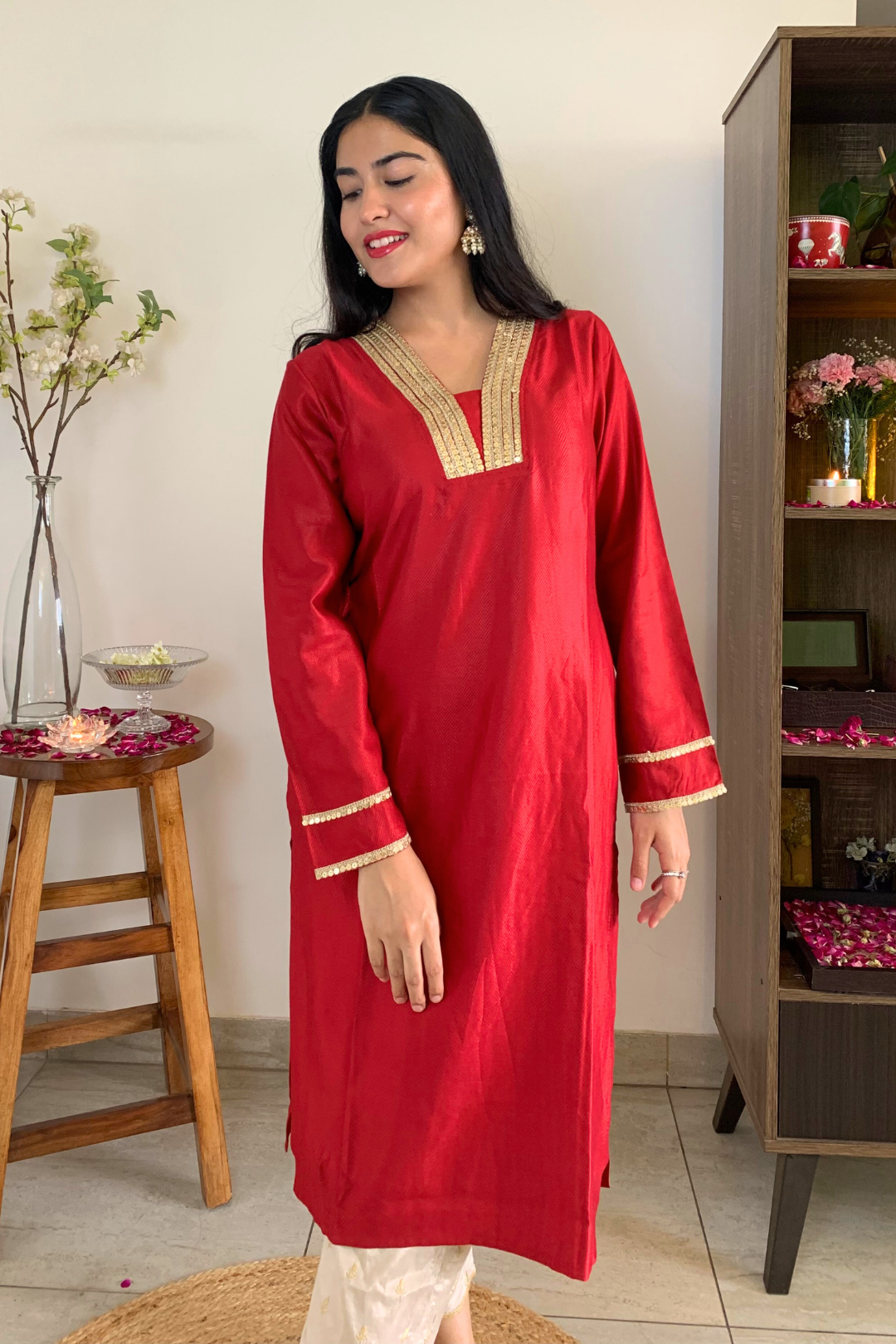 Red Lace Work Kurta