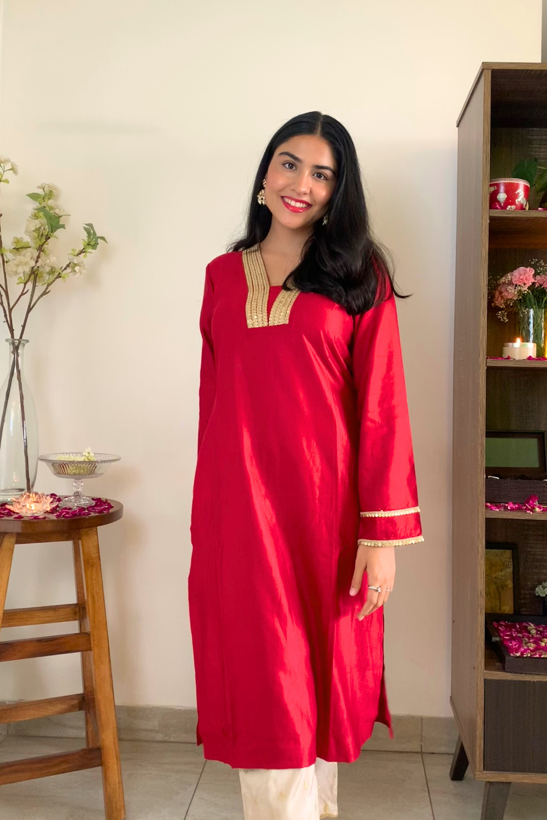 Red Lace Work Kurta