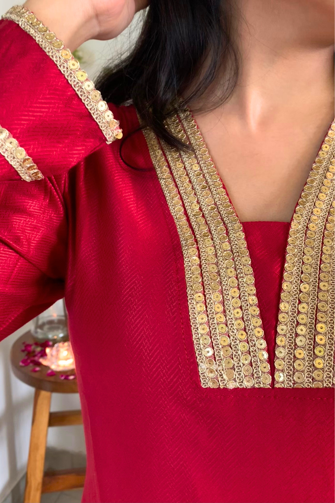 Red Lace Work Kurta