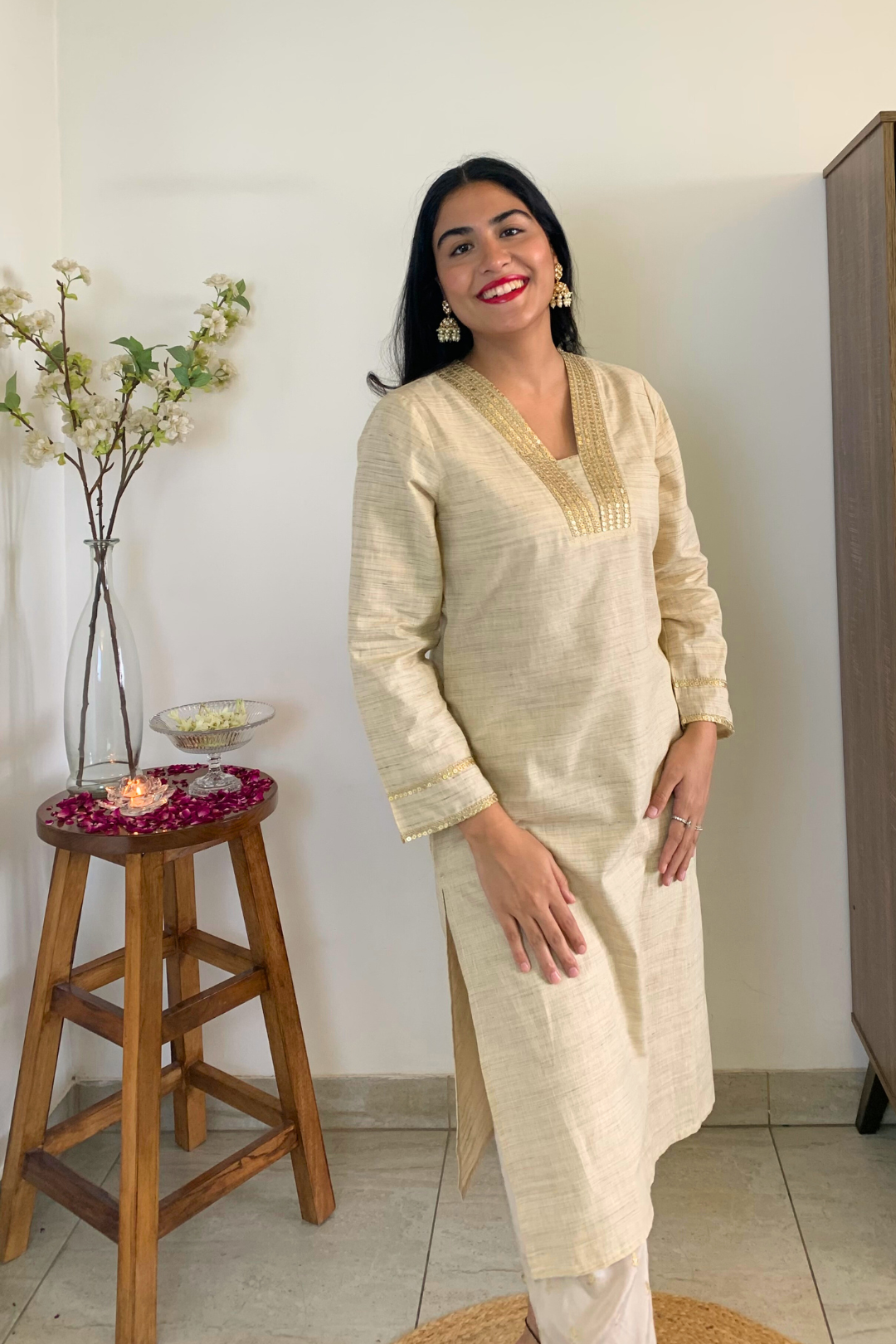 Ecru Lace Work Kurta